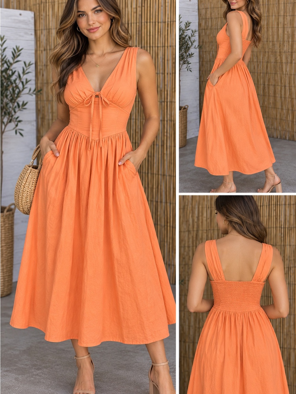 Of the free orange midi Dress, size:S sleeveless v neck